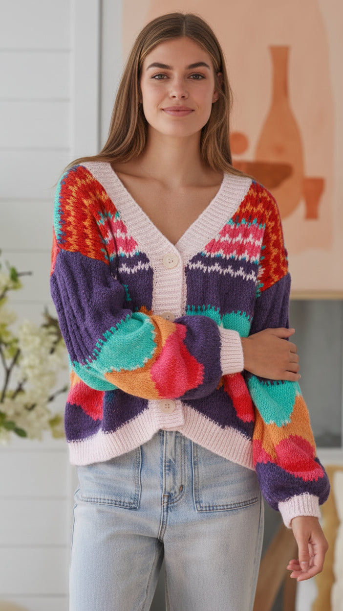 #Multi Colour & Pattern Puff Sleeve Knit Jacket
