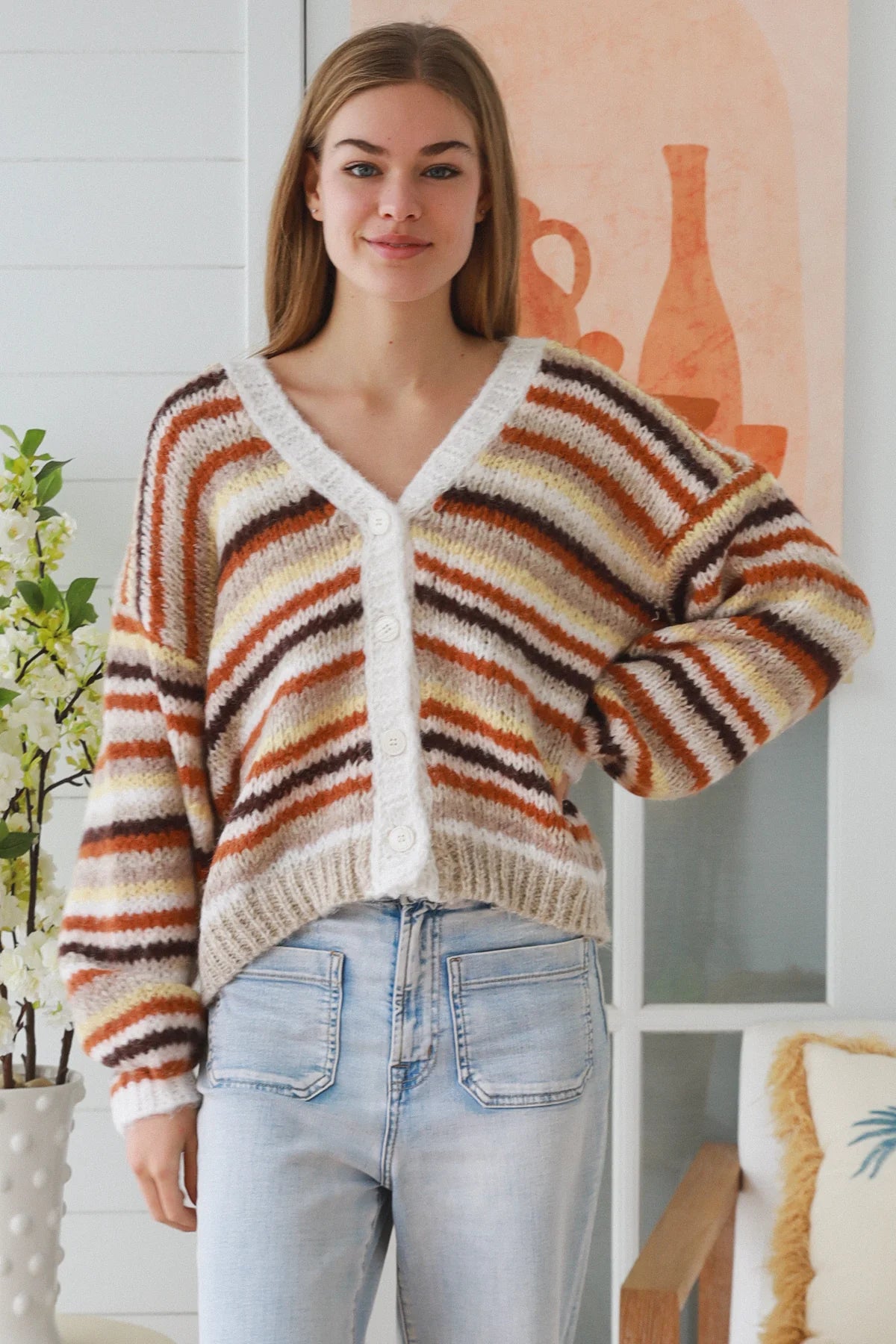 Polly Striped V-neck Button Up Cardigan