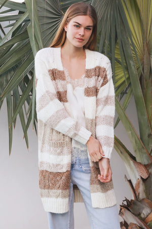 Bell Striped Mid-Length Knit Cardigan