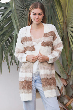 Bell Striped Mid-Length Knit Cardigan
