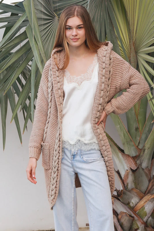 Cosy Cable Knit Cardigan With Hood & Pockets