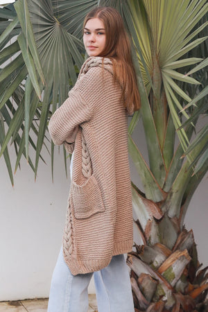 Cosy Cable Knit Cardigan With Hood & Pockets