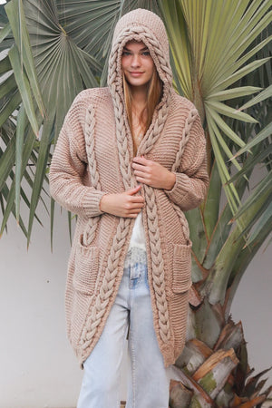 Cosy Cable Knit Cardigan With Hood & Pockets