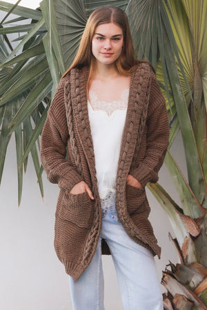 Cosy Cable Knit Cardigan With Hood & Pockets
