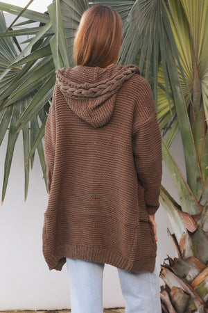 Cosy Cable Knit Cardigan With Hood & Pockets
