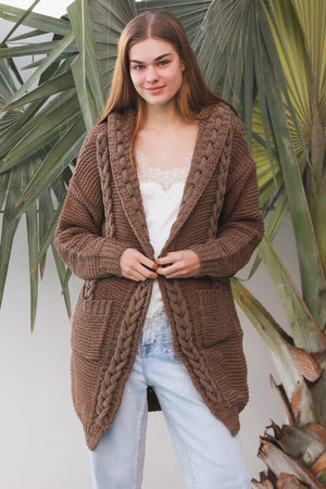 Cosy Cable Knit Cardigan With Hood & Pockets