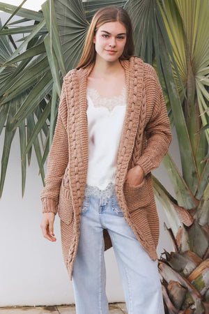Cosy Cable Knit Cardigan With Hood & Pockets