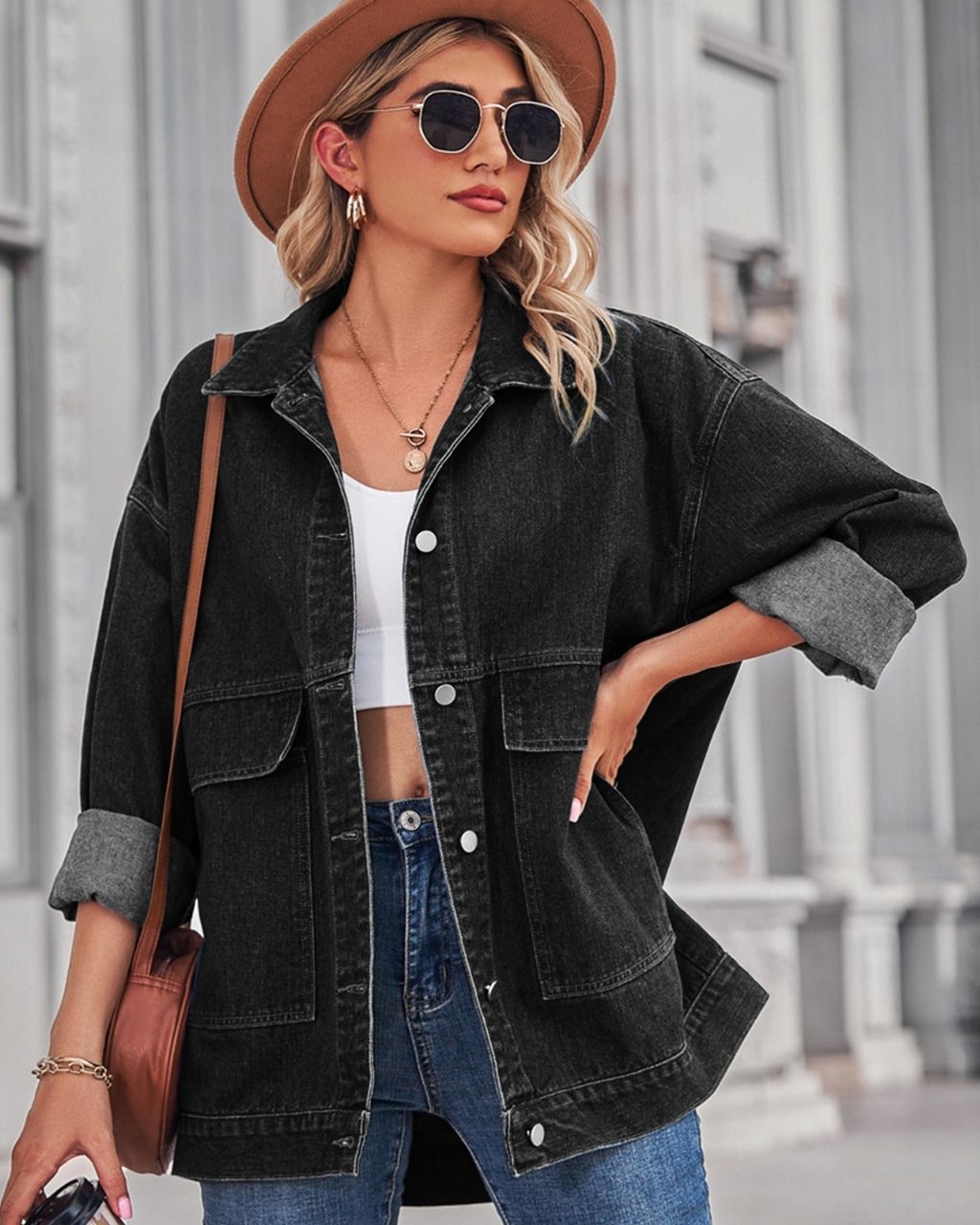 #Cotton Hip-Length Denim Jacket