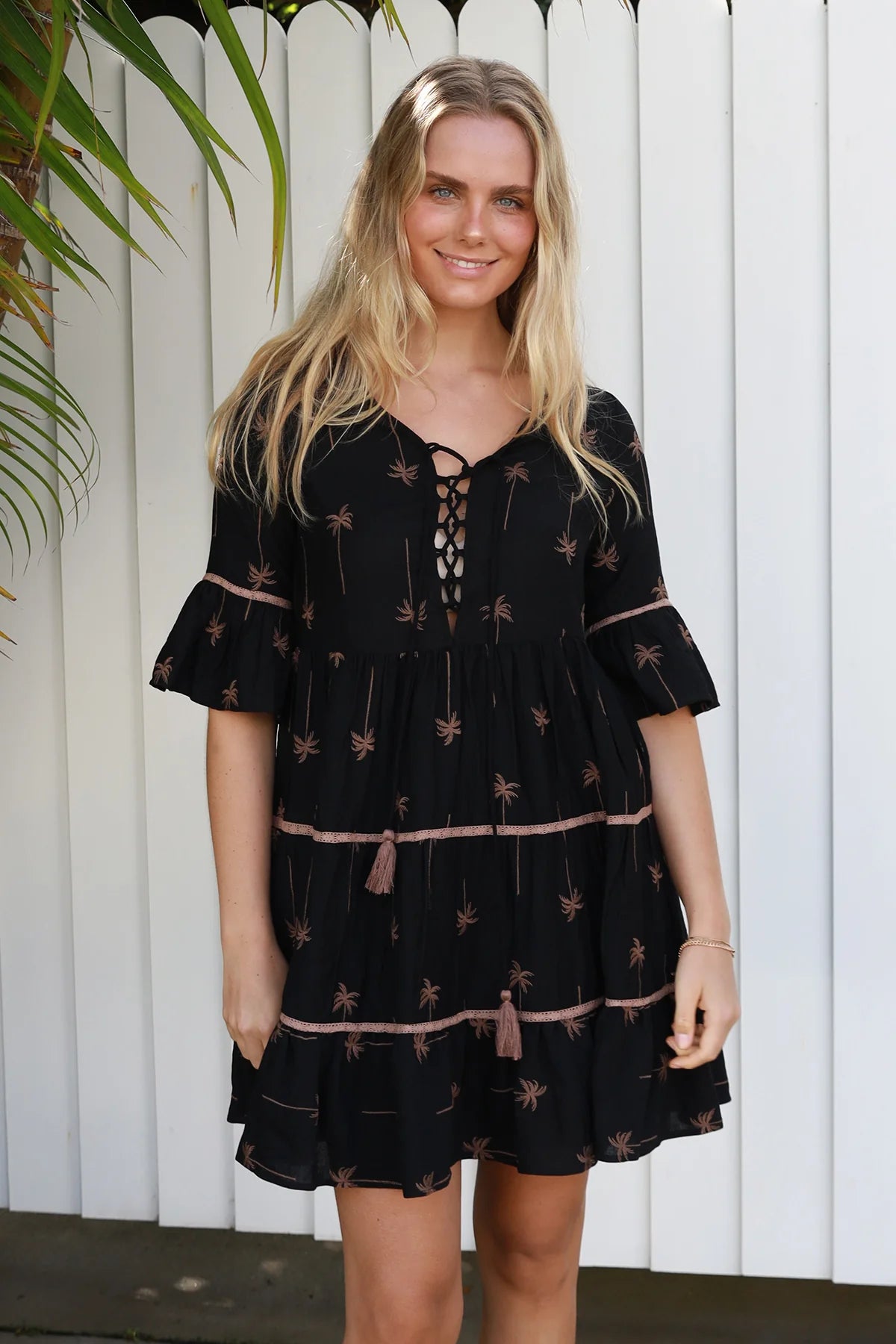 #Brooklyn Palm Embroidered Mini Dress
