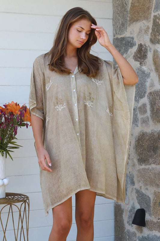 Beaded Coral Mini Kaftan