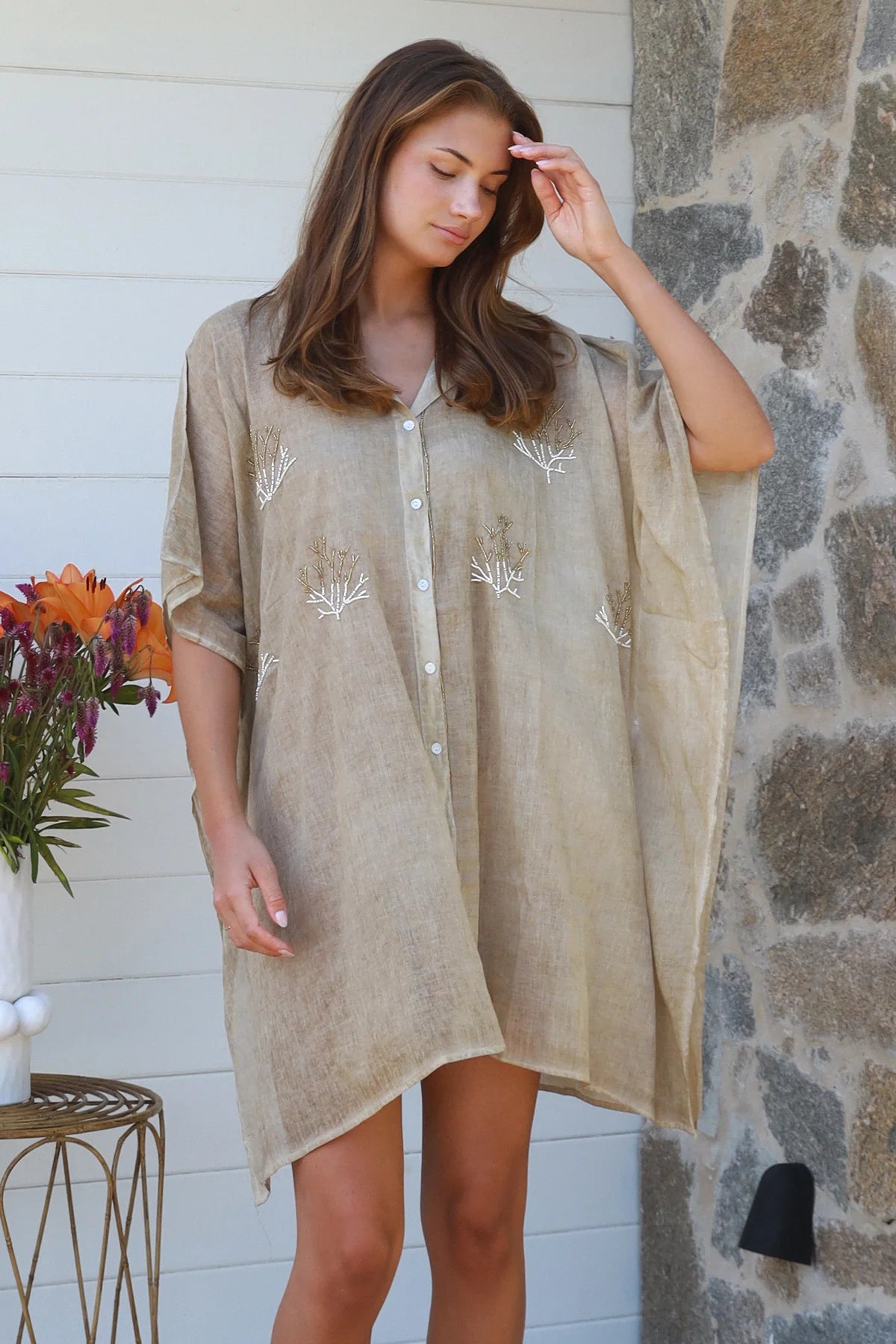 Beaded Coral Mini Kaftan