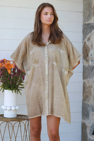 Beaded Coral Mini Kaftan
