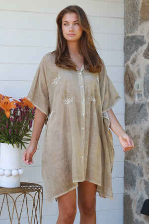 Beaded Coral Mini Kaftan