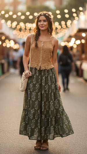 #Gold Lurex Tier Skirt With Pockets