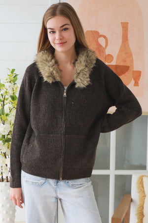 #Fur Trim Zip Up Jumper With Pockets