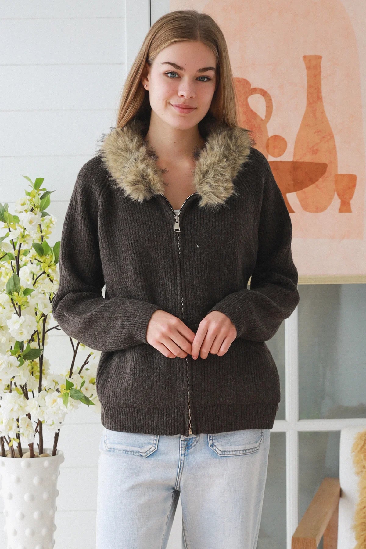 #Fur Trim Zip Up Jumper With Pockets