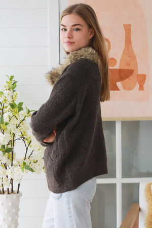 #Fur Trim Zip Up Jumper With Pockets
