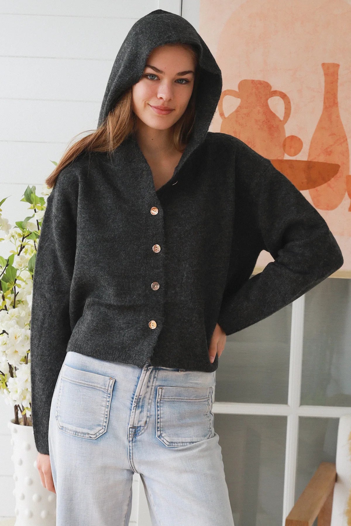 #Stretchy Cropped Button Up Jacket With Hood