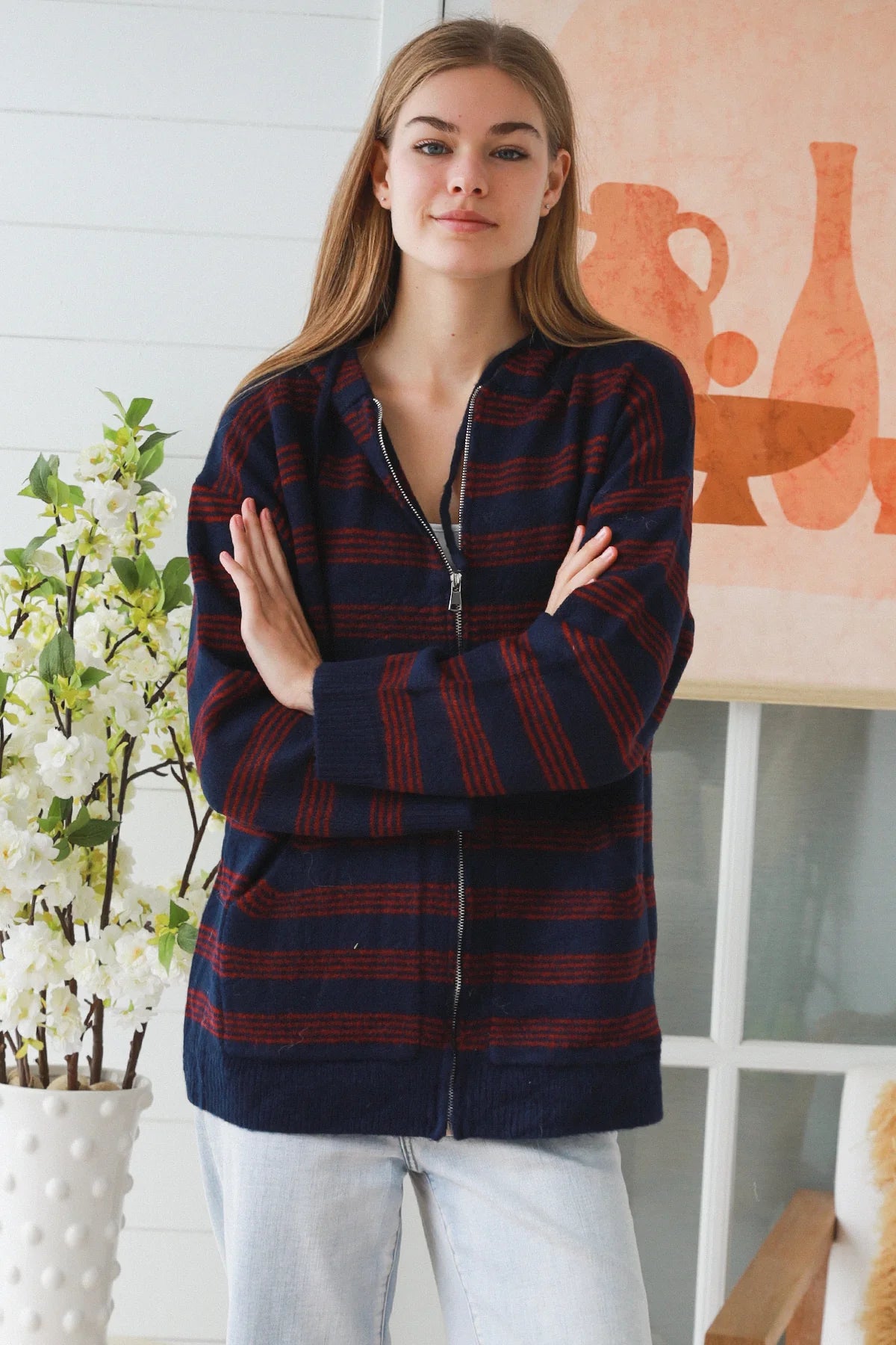 Oversize Striped Zip Up Jumper With Hood & Pockets