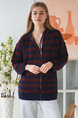 Oversize Striped Zip Up Jumper With Hood & Pockets
