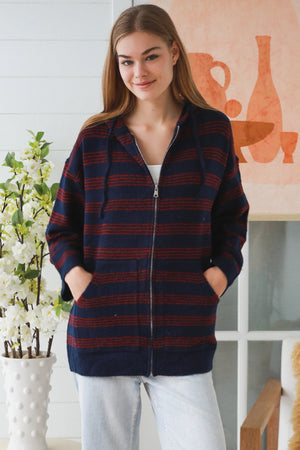 Oversize Striped Zip Up Jumper With Hood & Pockets