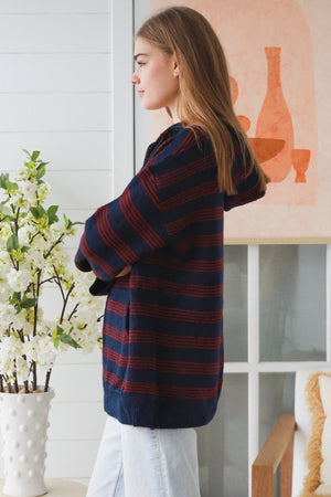 Oversize Striped Zip Up Jumper With Hood & Pockets