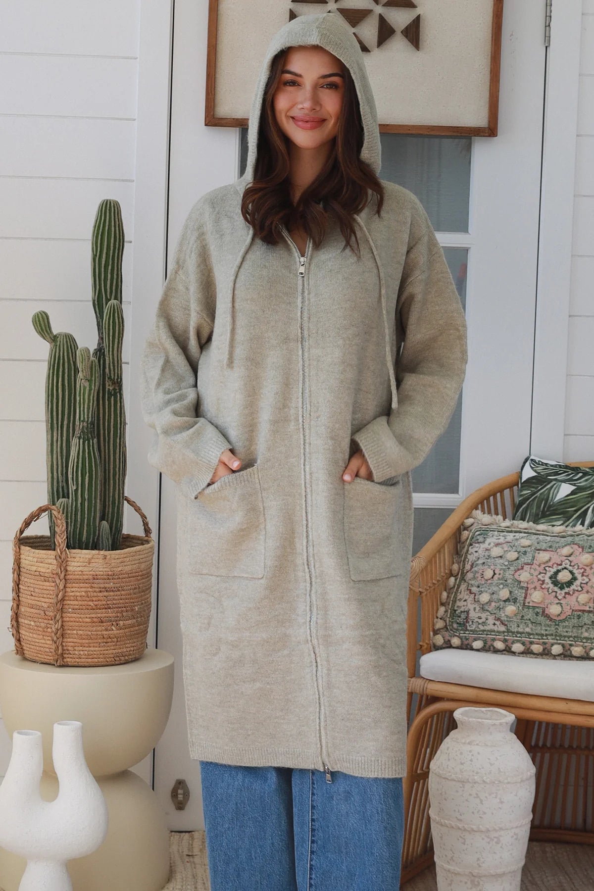 #Oversize Mid Length Zip Up Jumper With Hood