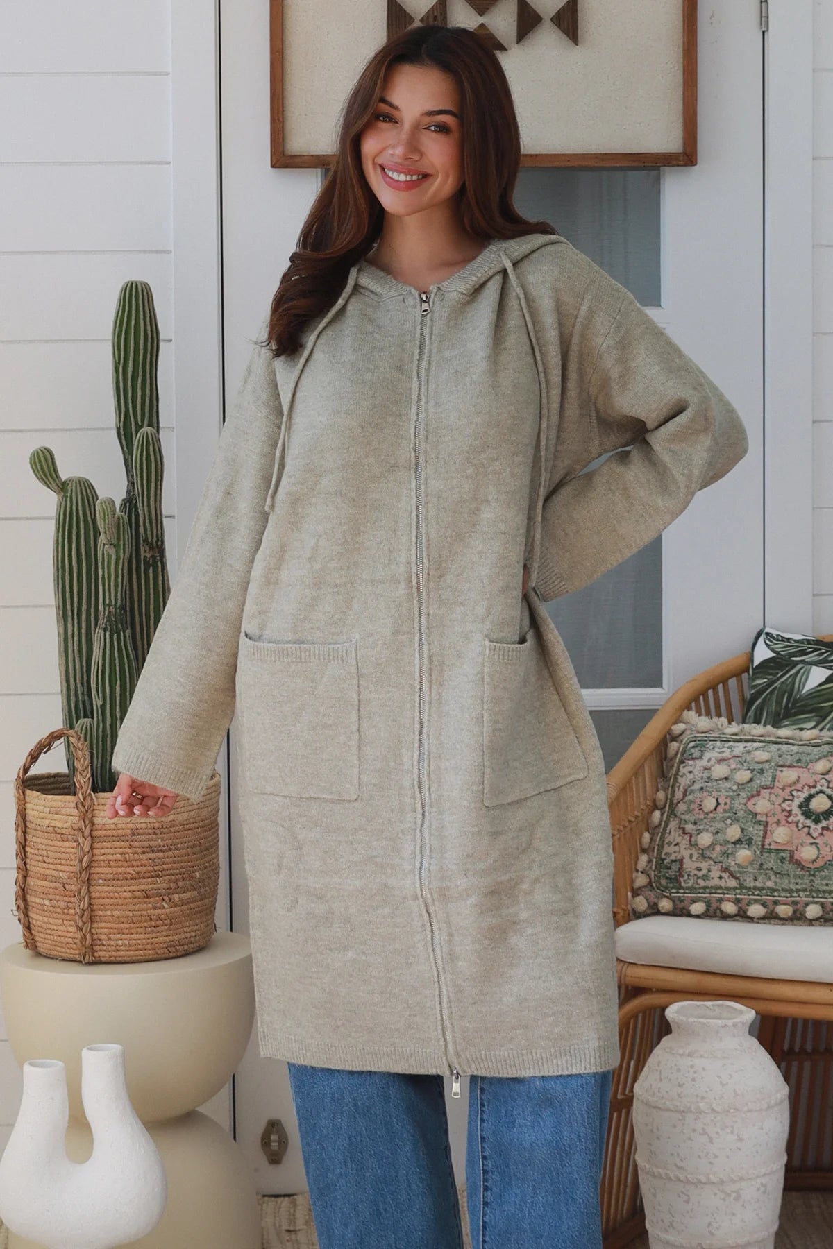 #Oversize Mid Length Zip Up Jumper With Hood