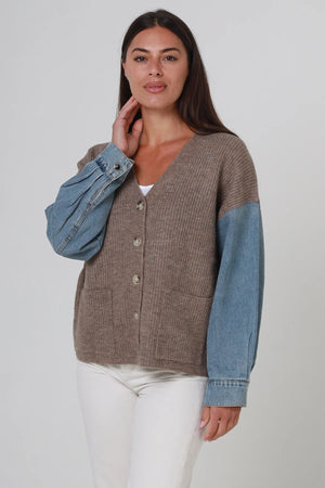 #Knit Button Up Jacket With Denim Sleeves