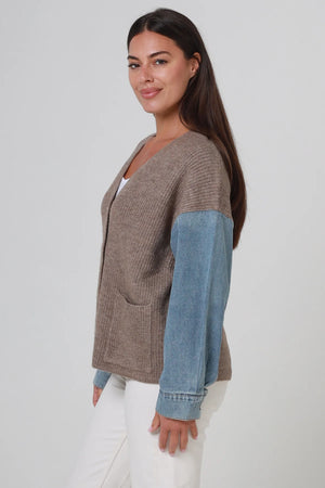 #Knit Button Up Jacket With Denim Sleeves