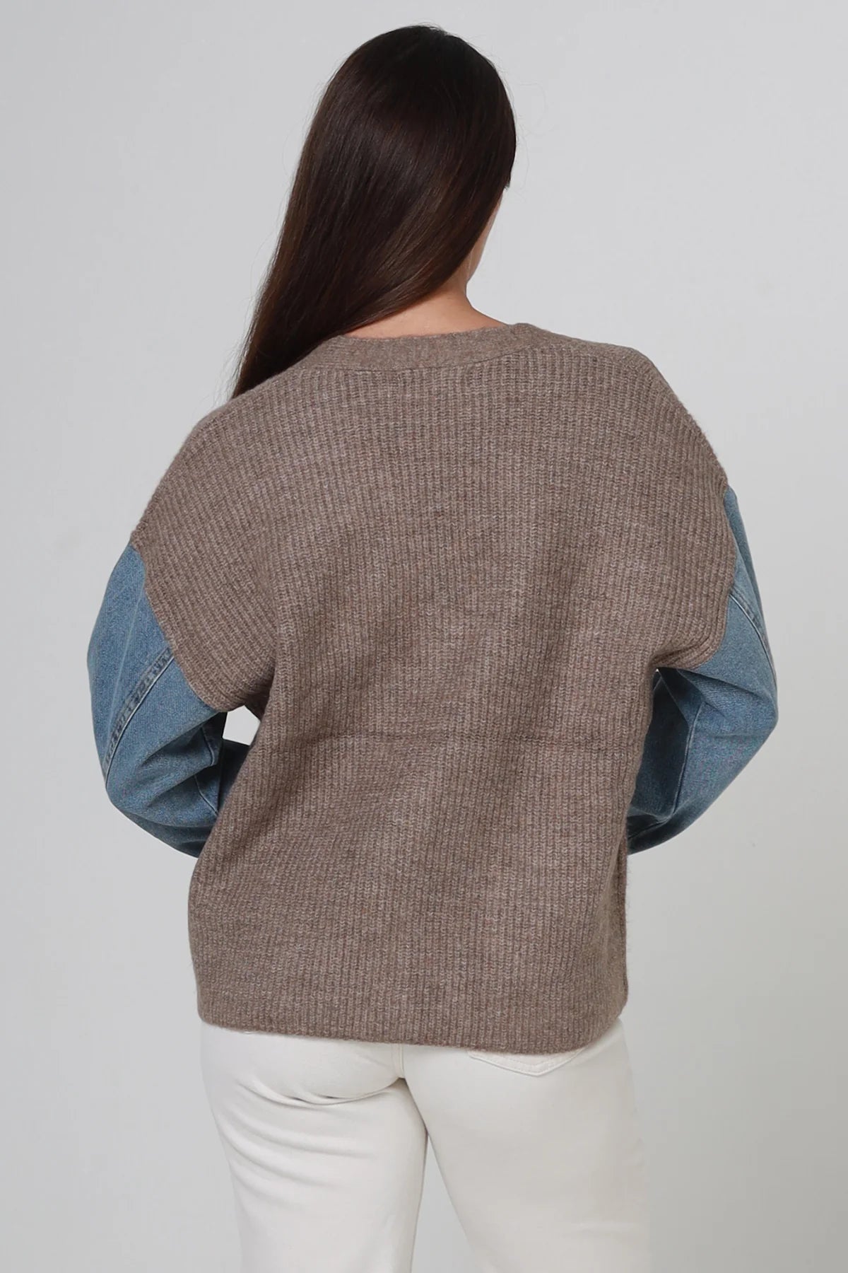 #Knit Button Up Jacket With Denim Sleeves