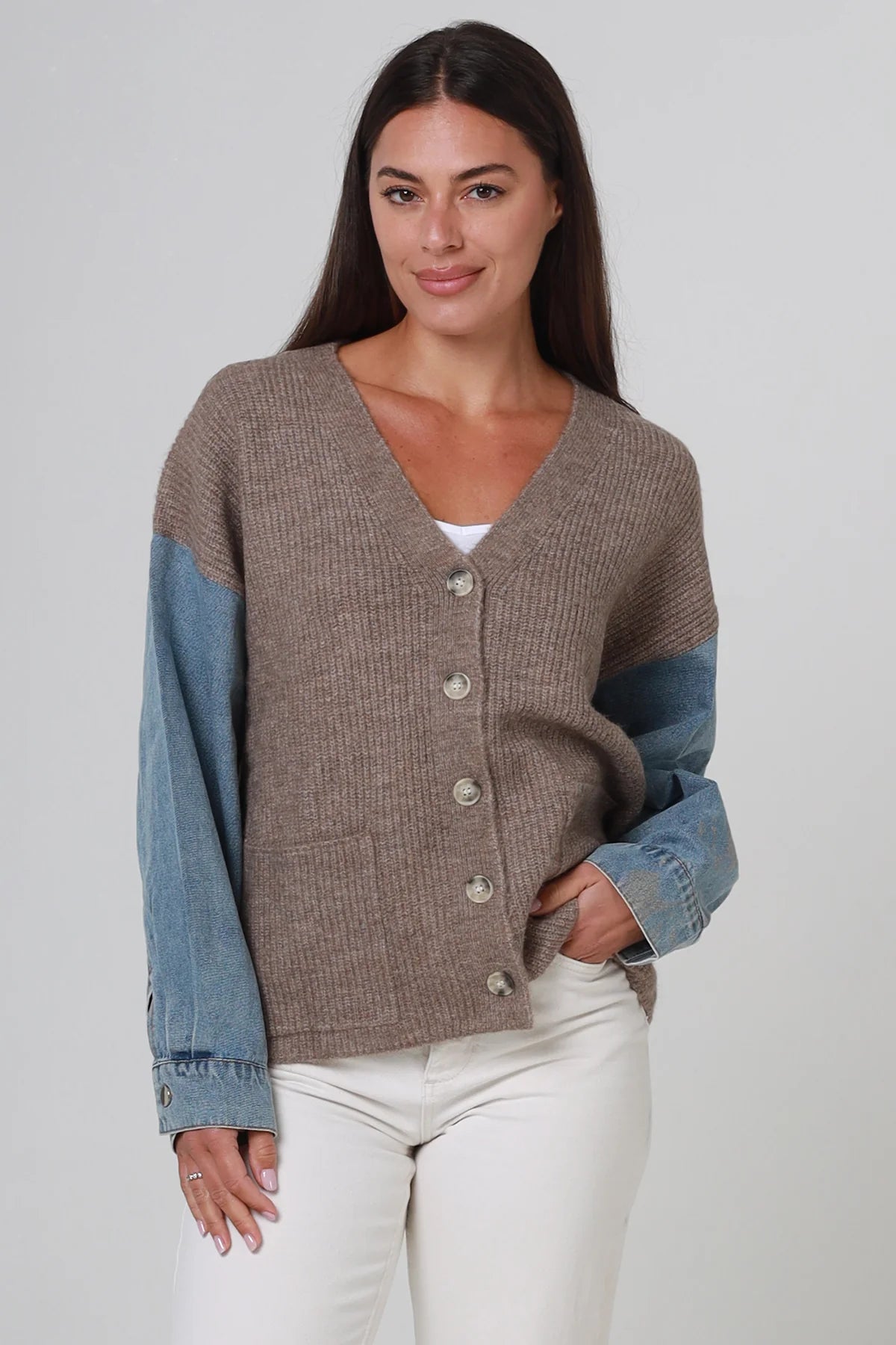 #Knit Button Up Jacket With Denim Sleeves
