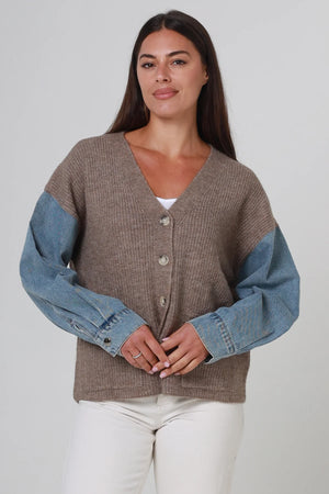 #Knit Button Up Jacket With Denim Sleeves