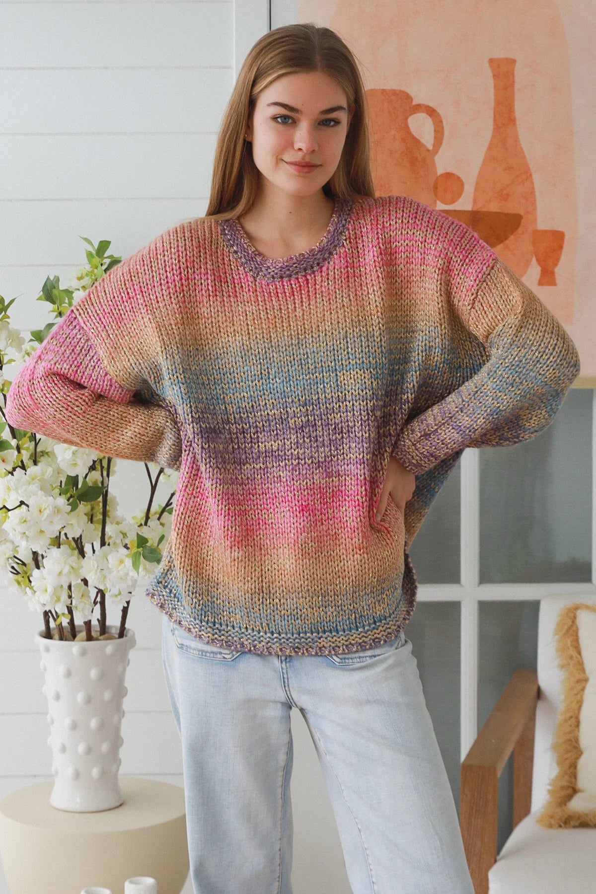 #Striped Knit Jumper With Gold Lurex Thread