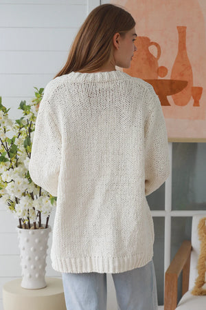 Cable Knit Cardigan With Flower Embroidered Sleeve