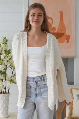 Cable Knit Cardigan With Flower Embroidered Sleeve