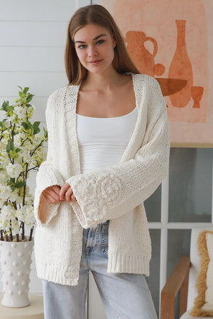Cable Knit Cardigan With Flower Embroidered Sleeve