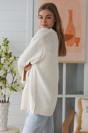 Cable Knit Cardigan With Flower Embroidered Sleeve