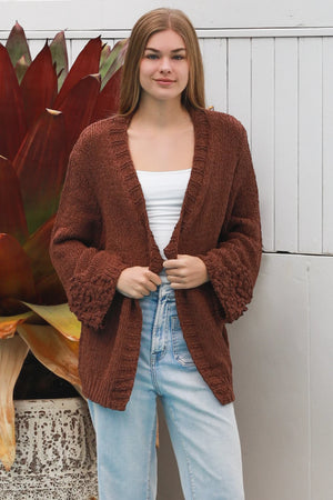 Cable Knit Cardigan With Flower Embroidered Sleeve