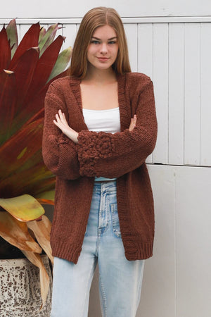 Cable Knit Cardigan With Flower Embroidered Sleeve