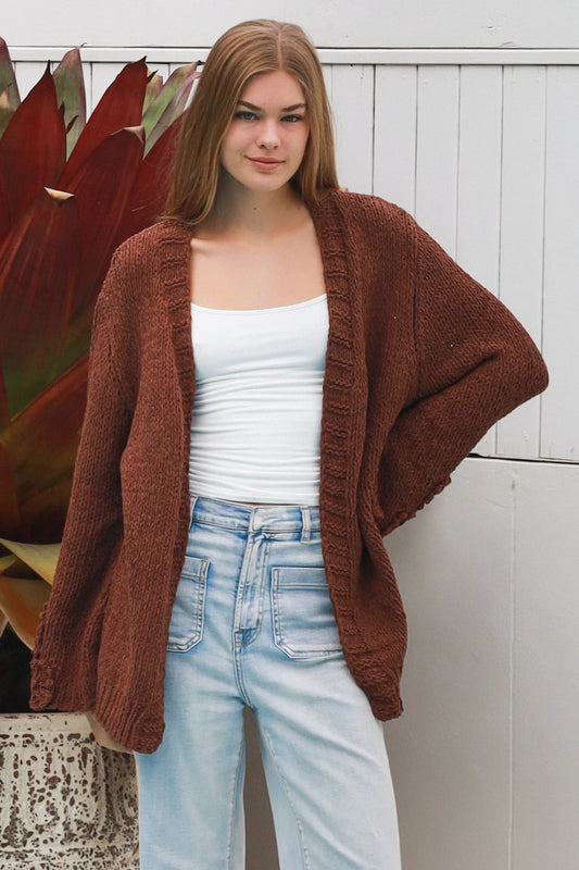 Cable Knit Cardigan With Flower Embroidered Sleeve