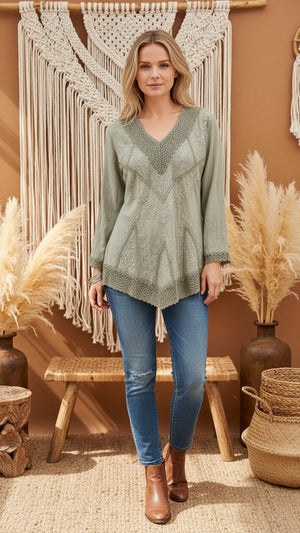Etta Long Sleeve Emb Stonewash Top