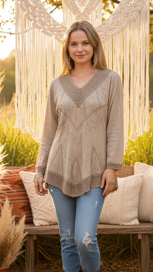 Etta Long Sleeve Emb Stonewash Top