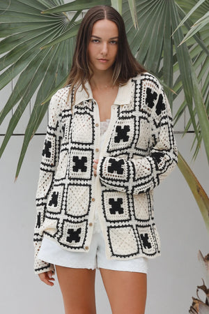 #Korrine Collared Button Up Crochet Jacket