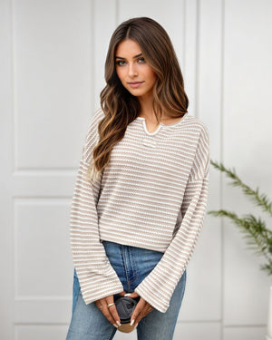 #Striped Waffle Textured Long Sleeve Top
