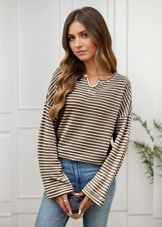 #Striped Waffle Textured Long Sleeve Top