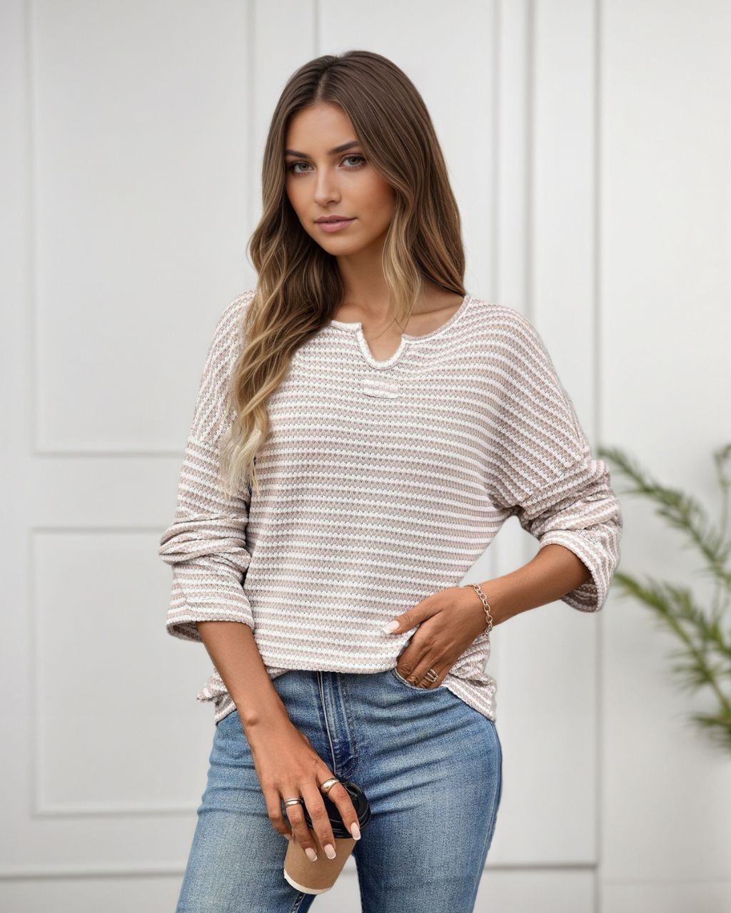 #Striped Waffle Textured Long Sleeve Top
