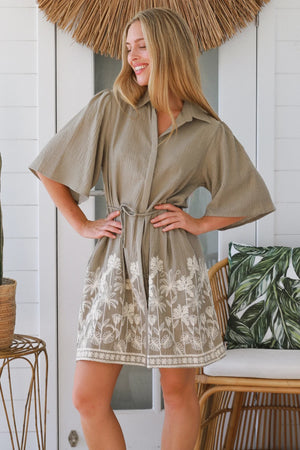 #Bridget Floral Embroidered Button Up Shirt Dress