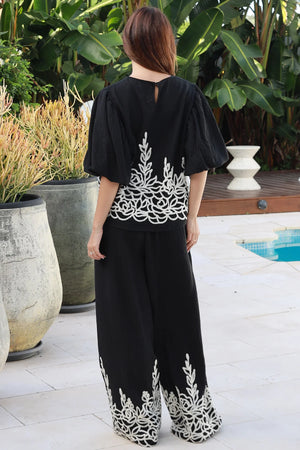 Botanical Embroidered Wide Leg Pants