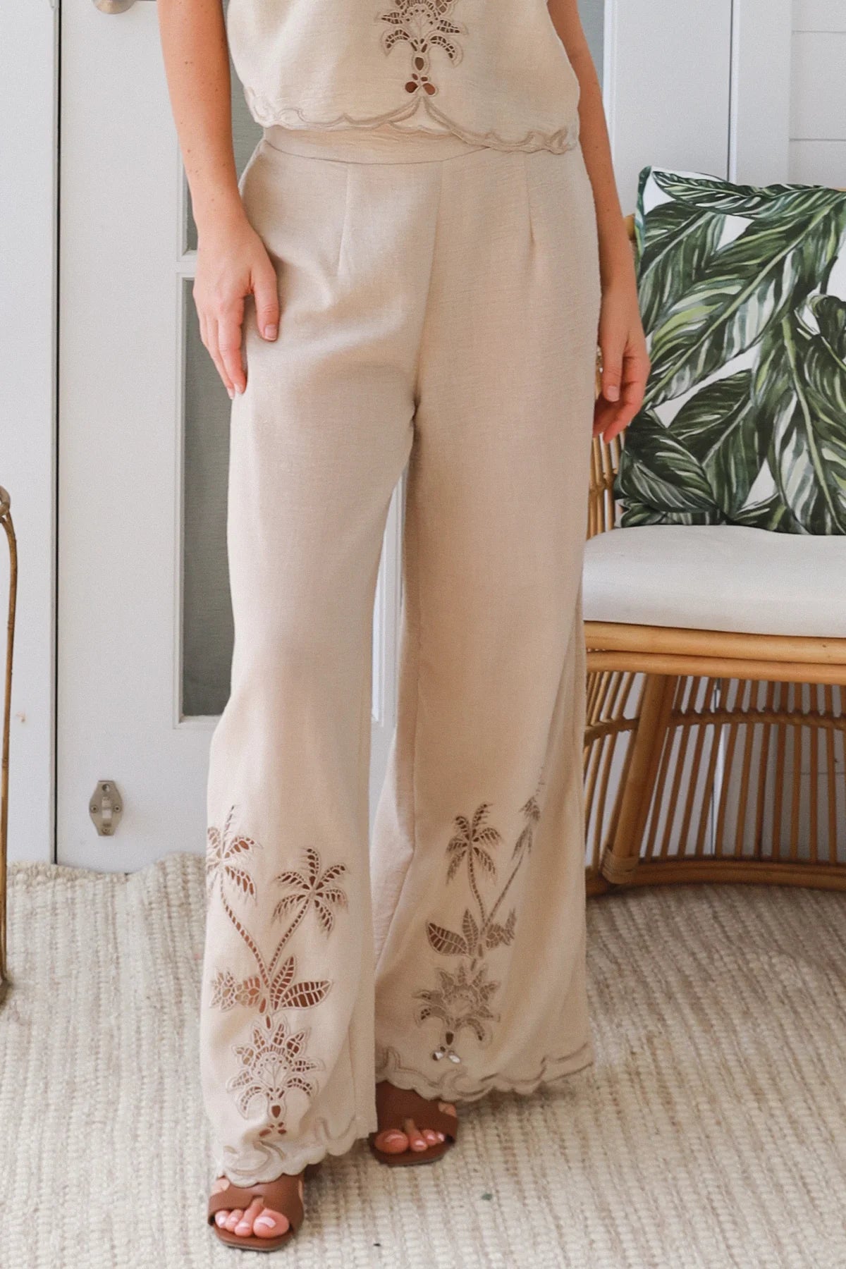Penny Palm Tree Cutwork Wide Leg Pants
